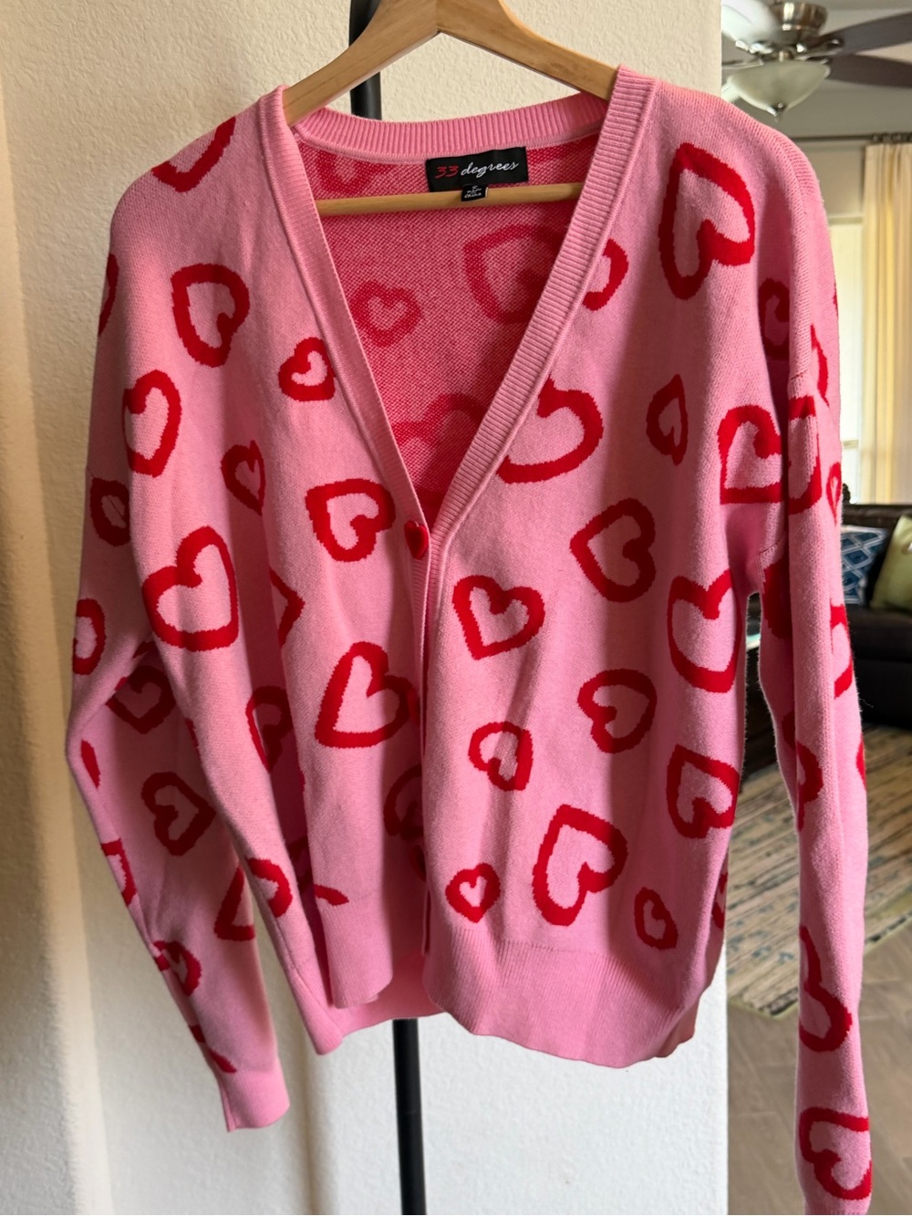 33 Degrees Pink Cardigan with Red Heart Print - V-Neck Button Front S